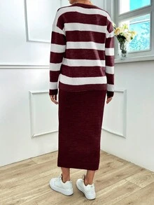 EURMUSE 2 件套女士套装：宽条纹拉绒长袖毛衣和针织中裙 - 酒紅色 - 查看 2