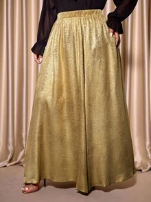 Cravure Christmas Plus Size Women's Elastic Waist Glittery Slit Hem Skirt, Suitable For Party And Evening Wear - Gold - View 7
