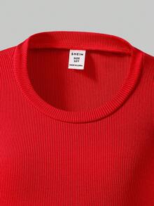 Sparklyn Tween 女童纯色圆领镂空短袖T恤，简约优雅设计，圆领，柔软亲肤 - 紅色 - 查看 4