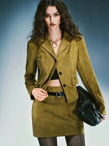 Airlisse 女式秋冬高级收腰西装外套和 A 字迷你裙两件套套装 - 綠色 - 查看 4