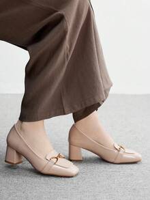 CUCCOO BIZCHIC Apricot Metallic Buckle Thick Heel Square Toe Women's High Heels, Suitable For Commuting, Dating, Party, Holiday, Office Wear - Apricot - View 5