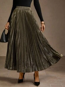 MOTF PREMIUM 女式复古金属褶饰弹力高腰A字裙 - 金色 - 查看 8