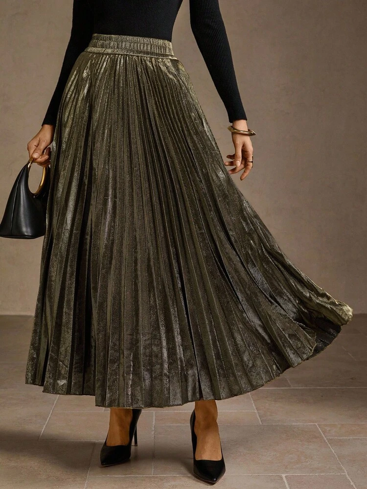 MOTF PREMIUM WOMEN'S VINTAGE METAL PLEATED ELASTIC HIGH WAIST A-LINE SKIRT - Gold - View 8