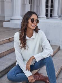 EMERY ROSE Women's Solid Color Round Neck Casual Versatile Knitted Vest, Autumn