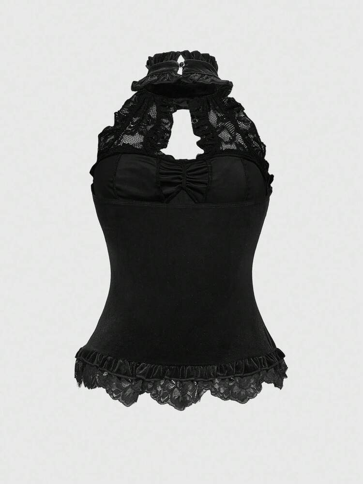 ROMWE Fairycore Camisole femme gothique élégante avec col montant, patchwork de velours et de dentelle, taille à lacets