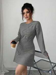 Elenzga Vestido de punto con flores 3D de unicolor elegante, otoño/invierno