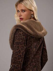 SHEIN TRNDY 1 件女式薄夹克，棕色豹纹拼布，人造毛皮饰边，性感深 V 领系带长袖，优雅，秋冬 - 彩色 - 查看 8