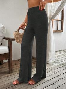 EURMUSE Women's Solid Color High Waist Flare Leg Knit Pants, Elegant For Autumn/Winter - Dark Grey - View 5