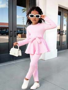 2 件装年轻女孩纯色圆领长袖简约上衣和裤子套装 - 粉色 - 查看 2