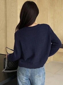 DAZY Áo khoác cardigan tay dài đơn hàng khuy đơn màu trơn cho nữ, mùa thu - Màu xanh hải quân - Xem 2