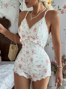 CottageSlumber Women's Rose Floral Pattern U-Neck Backless Bow Decor Jacquard Knit Bodysuit Sleepwear