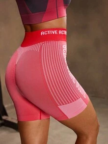 Powerista Quần short tập thể dục cạp cao in chữ cho nữ - Đỏ - Xem 3