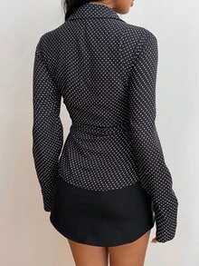SHEIN EZwear Áo cánh dài tay họa tiết chấm bi thanh lịch dành cho nữ, mùa xuân/thu - màu đen - Xem 2