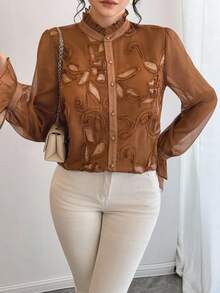 DAZY Women's Elegant Plain Textured Blouse, Autumn Long Sleeve Top - Coffee Brown - View 7