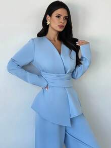 Firerie Nouvelle tenue élégante et décontractée pour femmes, style polyvalent minimaliste urbain pour le bureau et les déplacements. Top à manches longues bleu col V, tenue d'automne, tenue de professeur, tenue d'aéroport, tenue de sortie, rentrée scolaire, tenue de bureau décontractée, style "old money", sobre, tenue de bureau pour femmes - Bleu azur - Voir 7