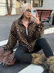 SHEIN EZwear 加大码豹纹毛茸茸夹克，可调节抽绳下摆，冬季保暖 - 彩色 - 查看 5