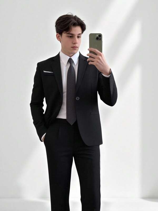 SHEIN 2pcs/Set Teen Boys Gentleman Outfit, Includes Slim-Fit Single-Breasted Suit Jacket + Dress Pants. Elegant, Casual Outdoor Formal Wear Suitable For Birthday Party, Gala, Performance, Hosting, Wedding Season (Birthday, Wedding, Wedding Guest, Pageboy, Ring Boy,Halloween,Christmas Fall Winter