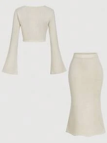 SHEIN MOD 2 件套女式扭纹前上衣和紧身美人鱼裙针织毛衣套装 - 米色 - 查看 3