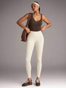 SHEIN BAE 无缝瑜伽高弹力紧身衣，内置胸垫 - 棕色 - 查看 8