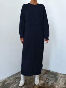 EURMUSE Women's Solid Color Crew Neck Casual Long Sleeve Sweater Dress - Navy Blue - View 5