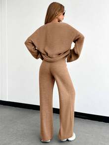 EURMUSE Damen V-Ausschnitt Glockenärmel Detail Pullover und Hose Set, Petite Damen - Kamelfarben - Übersicht 2