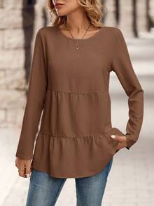 EMERY ROSE 女士纯色圆领长袖荷叶边下摆休闲衬衫，适合日常穿着 - 棕色 - 查看 4