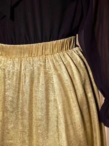 Cravure Christmas Plus Size Women's Elastic Waist Glittery Slit Hem Skirt, Suitable For Party And Evening Wear - Gold - View 4