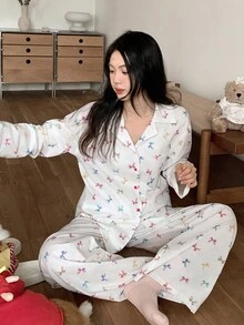 DAZY Bow All-Over Print Women Pajama Set Fall Winter Clothes - Apricot - View 3