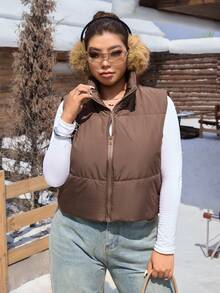 SHEIN EZwear Plus Size Solid Casual Zip Up Vest Winter Coat - Coffee Brown - View 11