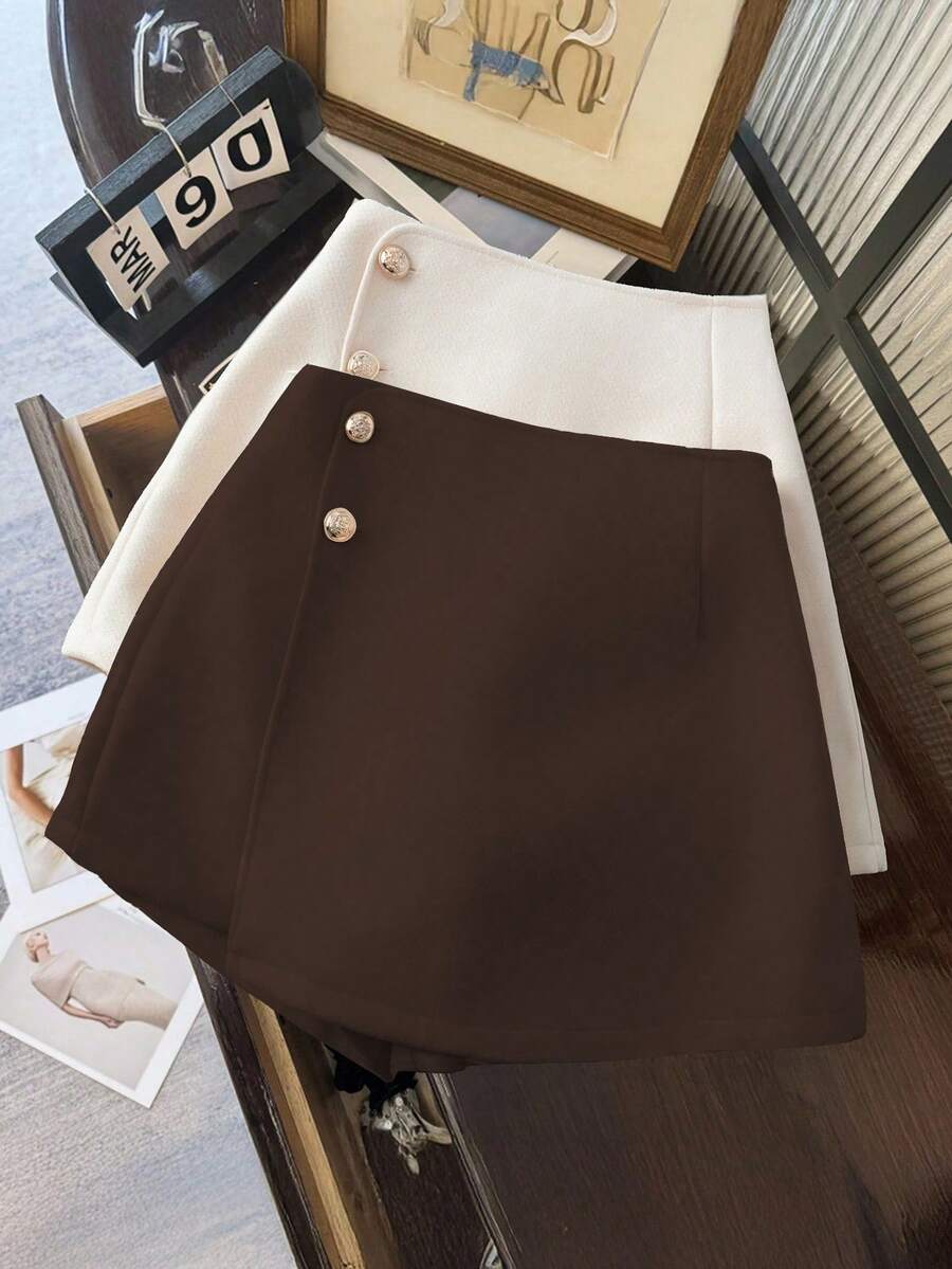 SHEIN Franclia Women's Elegant Solid Color Button Design Culottes - Rust Brown - View 1