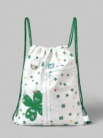 Anime 1pc White Cute Rabbit Print & Clover Graphic Drawstring Backpack, Sweet Retro Y2K Aesthetic Backpack, Fashion Letter Drawstring Pouch, Mini Doll Display Backpack, Suitable For Daily Commute, Shopping, Etc.