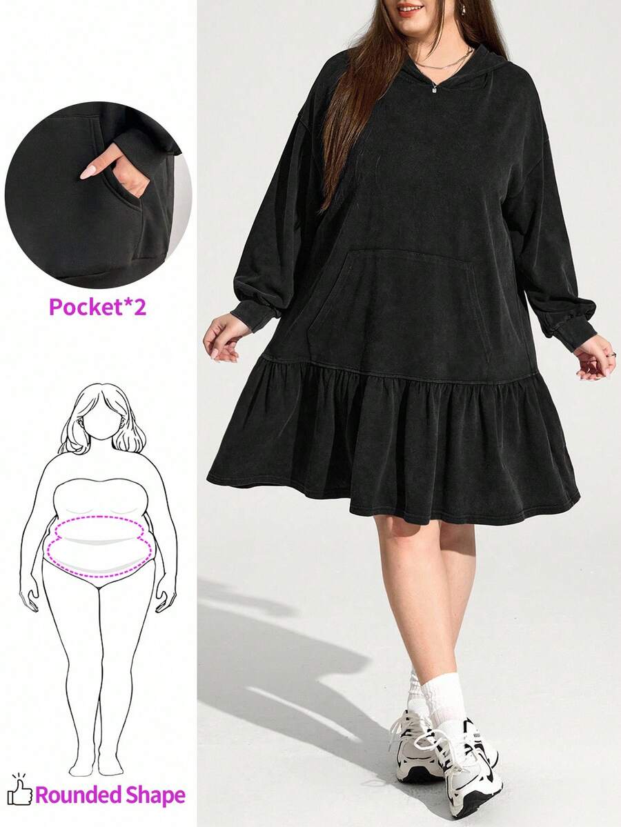Enliva Plus Size Women's Loose Hooded Dress, Long Sleeve Dress With Pockets/Autumn /Winter