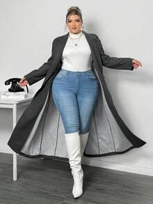Truni معطف صوفي طويل مريح بياقة مطوية وأكمام طويلة للنساء ذوات الحجم الكبير في فصلي الخريف والشتاء - رمادي - مشاهدة 4