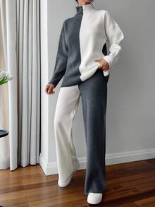 EURMUSE Colorblock Beige Sweater And Pant 2 Pcs Knitwear Set Casual Simple - Dark Grey - View 8