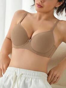 1 件女士简约纯色钢圈文胸 - 卡其色 - 查看 4