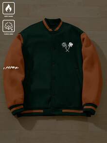 Aesthetic Post--Loose Men's Letter Graphic Striped Trim Drop Shoulder Varsity Jacket, Fall - Green - View 3