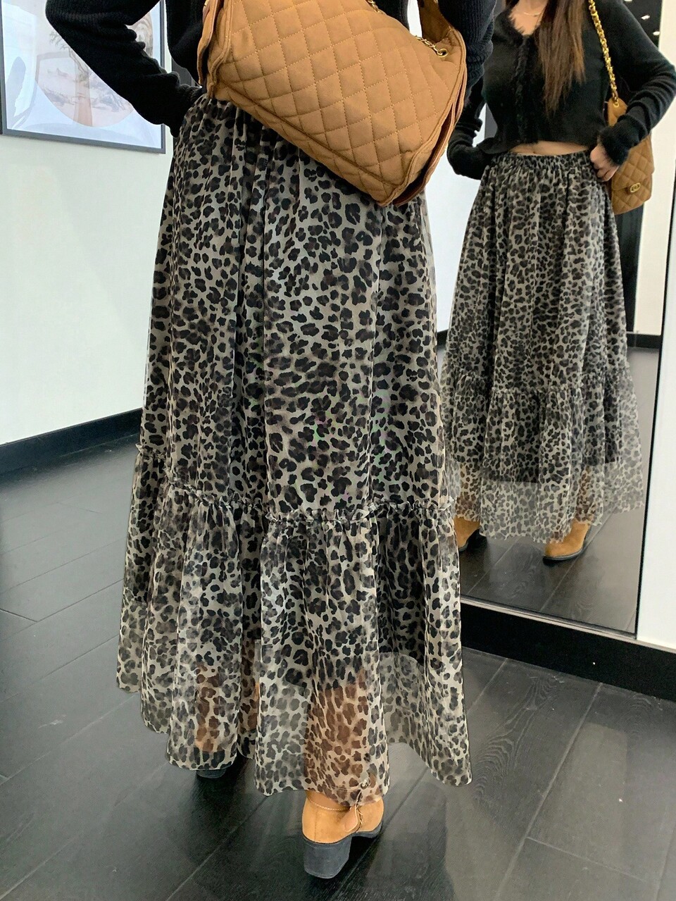 Dazy Plus Plus Size Women Layered Mesh Leopard Print A-Line Elastic Waist Skirt, Street Style