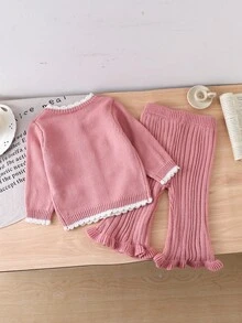 SHEIN Ruffled Heart Toddler Bell-Bottom Outfit,Cute Peach-Pink White,Autumn Matching Family Toddlers Ruffled Texture Top&Elastic Waist Pants Comfortable Set - Multicolor - View 3