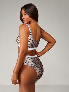 Missguided x Playboy Bộ đồ lót bralette họa tiết động vật cổ điển, quần lót cạp cao, dây thun, họa tiết sọc hổ, bộ đồ lót mặc nhà - Nhiều màu - Xem 2