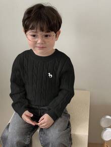 DAZY Toddler Boys' Crew Neck Cable Twist Cartoon Embroidery Solid Color Sweater - Black - View 2