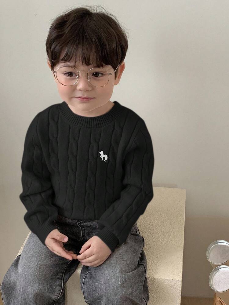 Toddler Boys' Crew Neck Cable Twist Cartoon Embroidery Solid Color Sweater