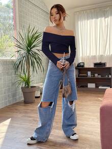 Firerie 女式优雅纯色露肩短款修身上衣，秋季 - 藏蓝色 - 查看 3