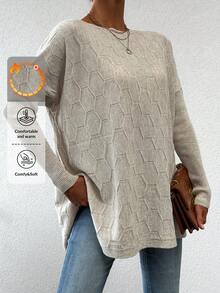 EURMUSE Solid Drop Shoulder Split Hem Sweater - Beige - View 1