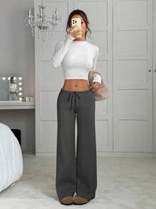 EURMUSE Women's Solid Color Lace-Up Ribbed Straight Loose Casual Sweater Pants,Burgundy Trousers - Dark Grey - View 3