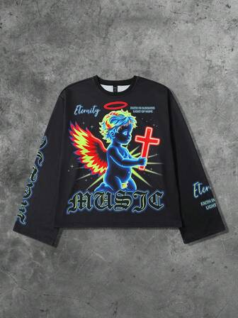 Street Life Maglietta casual da uomo a maniche lunghe con stampa di lettere angeliche, adatta per primavera/estate