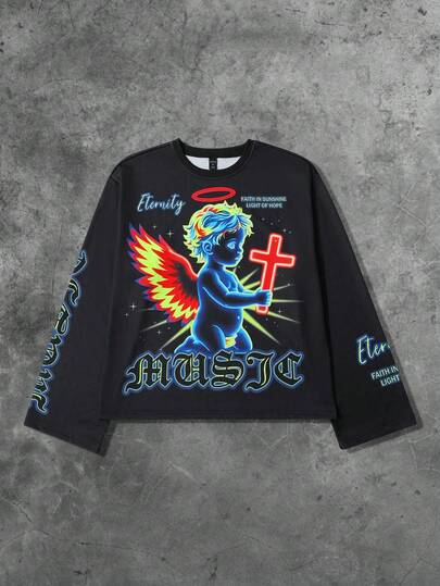 Street Life Men's Angel Letter Print Round Neck Long Sleeve Casual T-Shirt