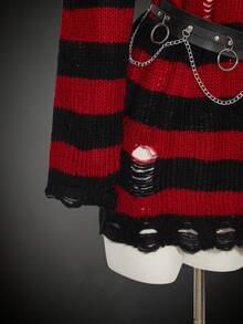 SHEIN ICON 女式万圣节哥特式黑红嬉皮长袖休闲时尚街头哥特风格撞色条纹图案，不包括腰带红黑条纹毛衣垃圾毛衣秋冬破旧毛衣 - 彩色 - 查看 7