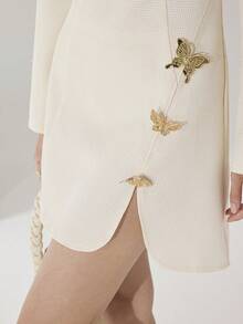 Modelyn Women's Elegant Butterfly Decor Waffle Texture Short Dress, Spring/Autumn