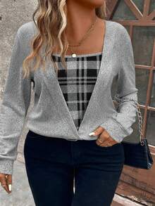 EMERY ROSE Plus Size Plaid Print Patchwork Black Knit Long Sleeve Sweatshirt, Soft Knit, Winter, Fall - Multicolor - View 1