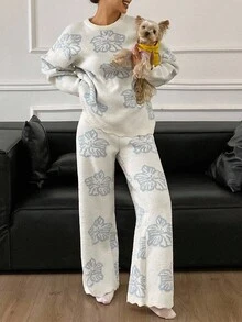 DAZY 2 件套花卉针织宽松长袖上衣和长裤睡衣套装女士秋冬秋季服装 - 米色 - 查看 5